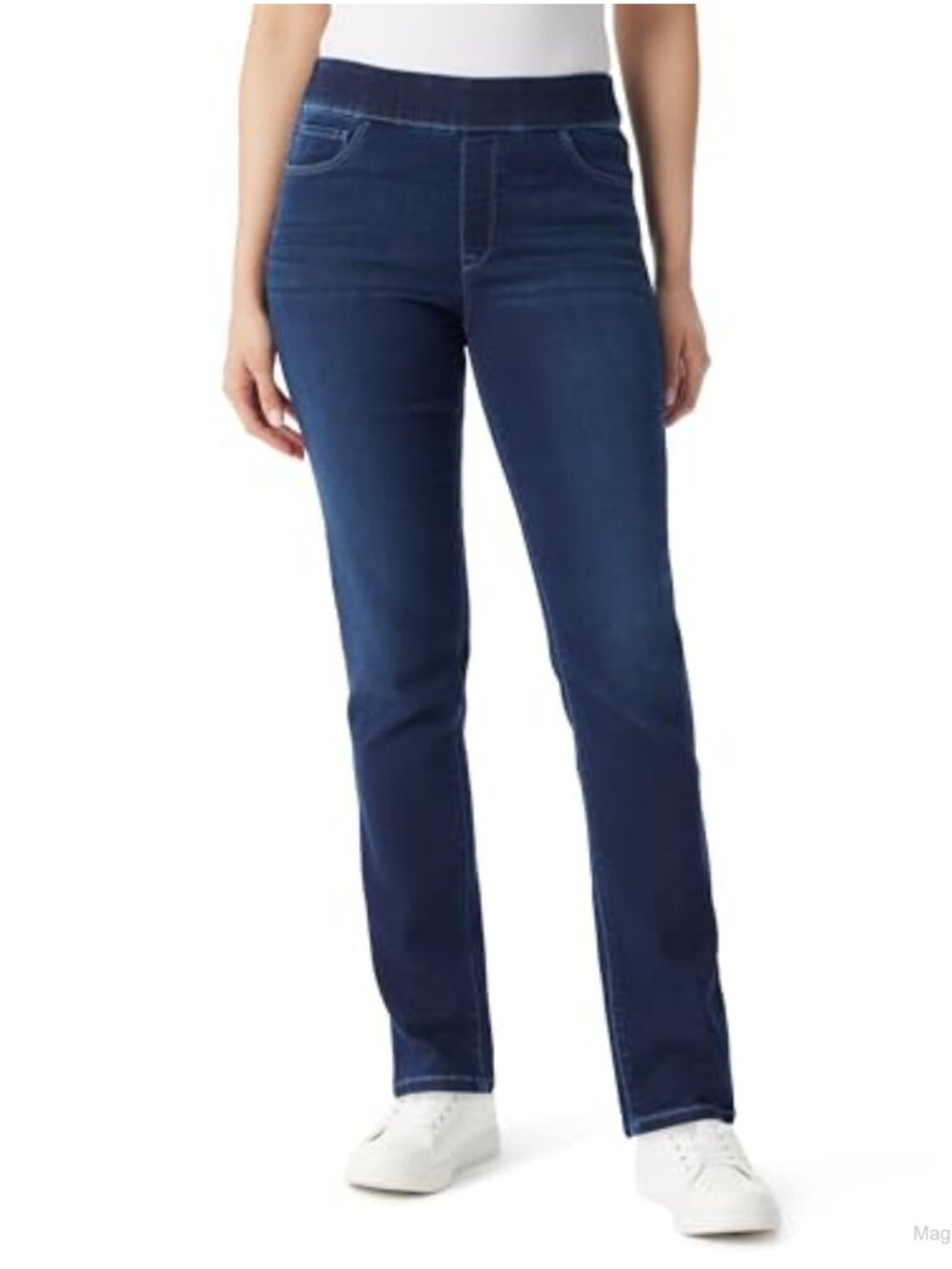 High Rise Pull On Tapered Slim Jeans Stretch Comfort Waist